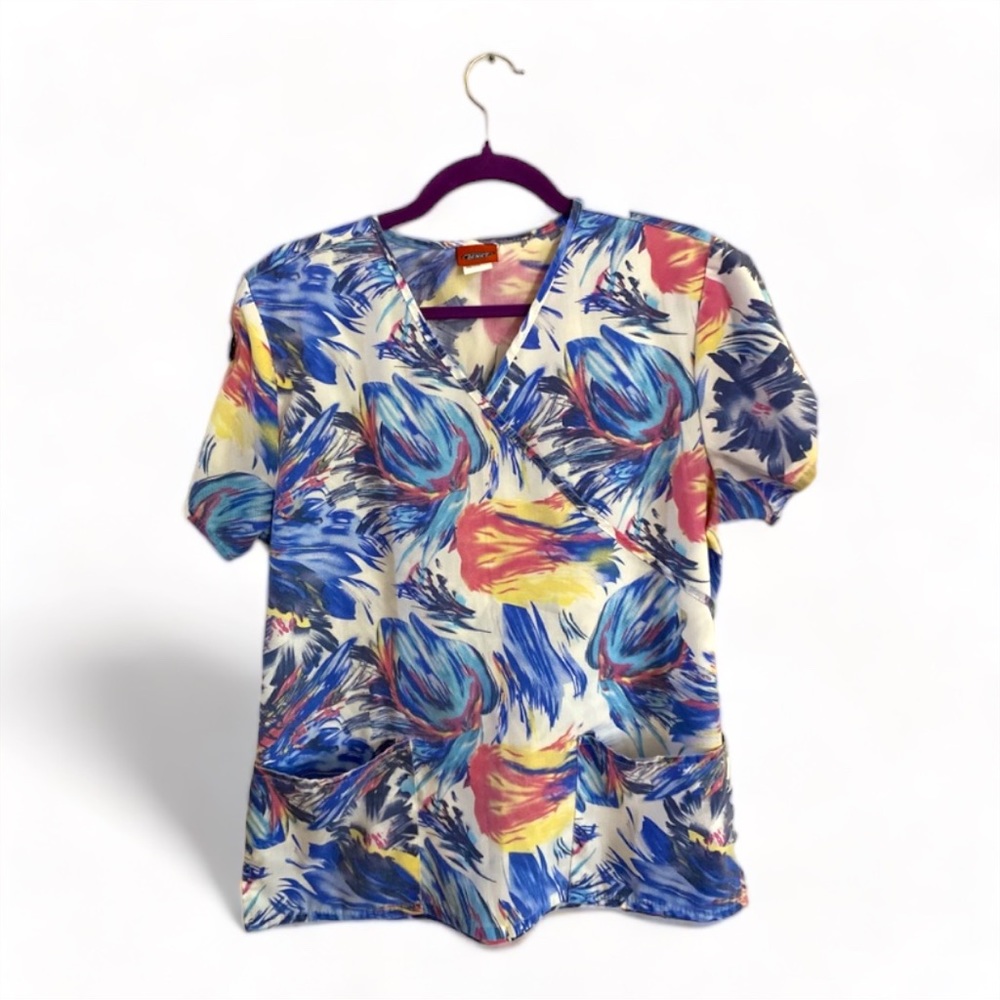 Denice Abstract Watercolor Scrub V-Neck Top- Small (Ties in Back)